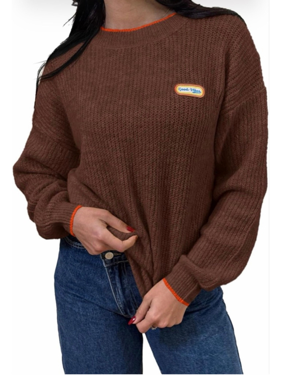 Saodimallsu Sweaters - NEW Crew Neck Long Sleeve Knit Contrast Piping Strip Pullover Sweater M